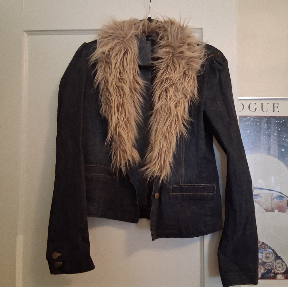 Y2K Kaity Fitted Denim Jacket Blazer With Fur Collar